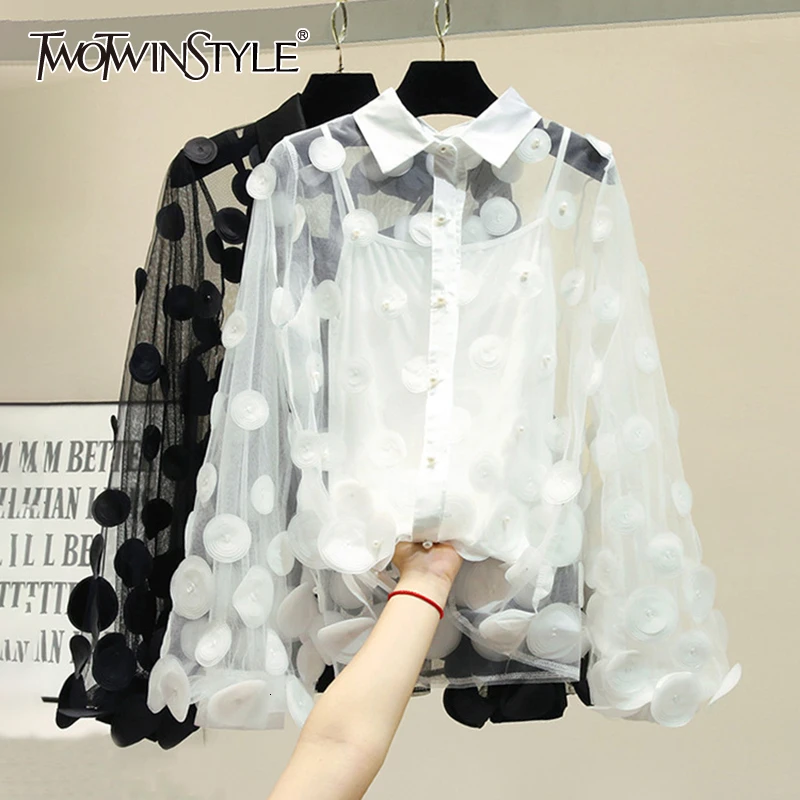 

TWOTWINSTYLE Casual Turn Down Collar Mesh Blouse Shirt Sexy Flower Pearl Lantern Sleeve Feminine Blouse Women Summer Top Female