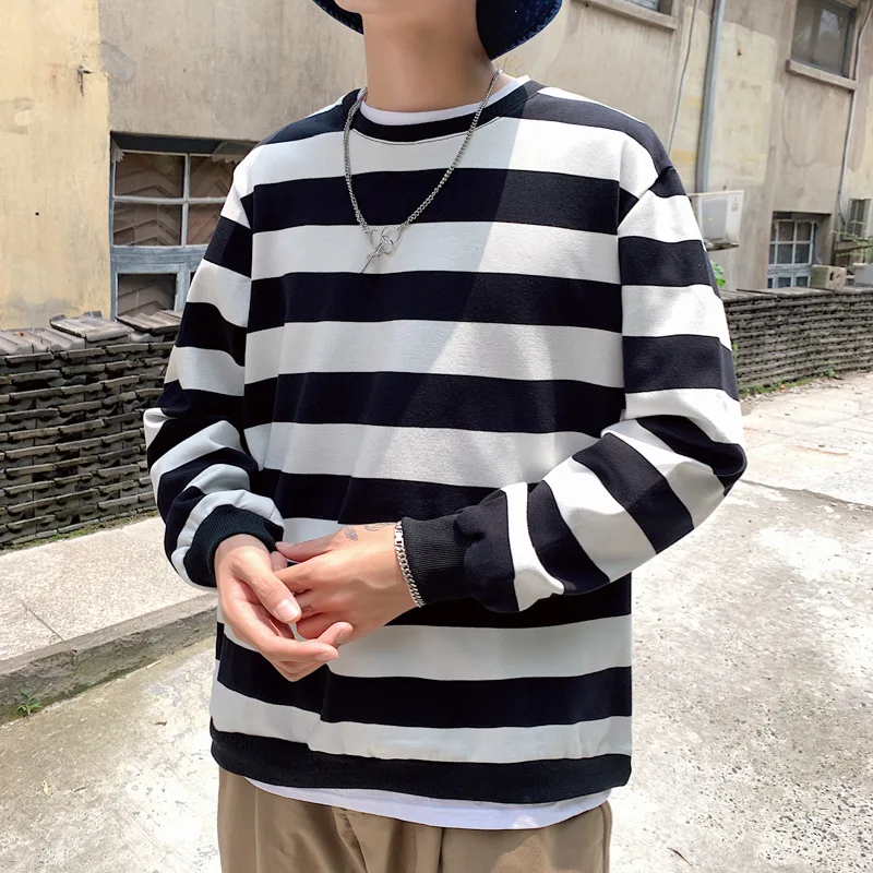 

2019 Autumn Casual Students Couples Stripes Long-sleeved Sweater Large Size outside MEN'S Set A095-wy001-p58 Hong Kong Style Bla