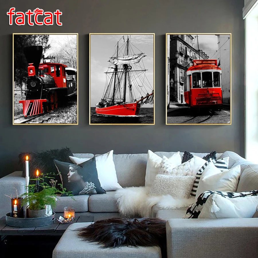 Vintage Scenery Red Train Bus Seascape