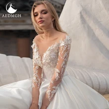 

Aedmgh A-Line Satin Wedding Dresses 2022 Sweetheart Long Sleeve Vestido De Novia Lace Appliques Bridal Gown Robe De Marige