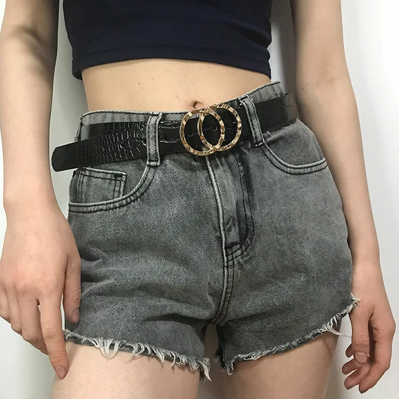 

Women Belt Fashion Double Ring Belts For Women 2020 Crocodile Waistband Black New For Jeans Female For Dresses Black Women Wild