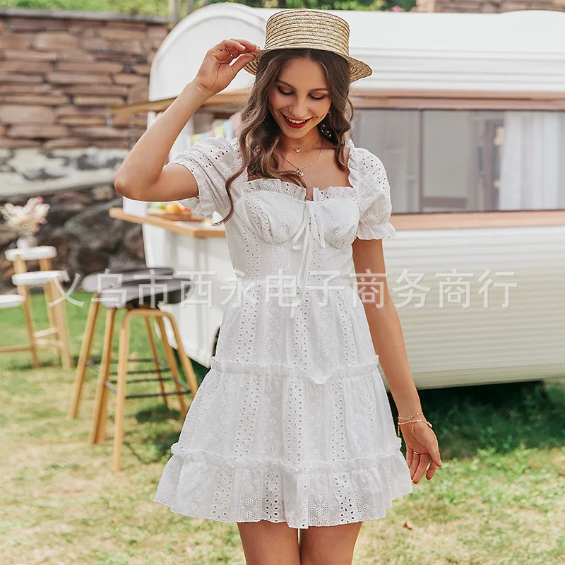 DEAT 2020 New Summer Fashion Casual Solid Color Square Collar Ruffless A- Line Sexy Backless Dress Short Women SD538