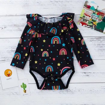 

Newborn Baby Girl Spring Bodysuit Ruffle Lapel Long Sleeve Stars Rainbow Print Child Girl Cartoon Jumpsuit Baby Girl Clothes RL2