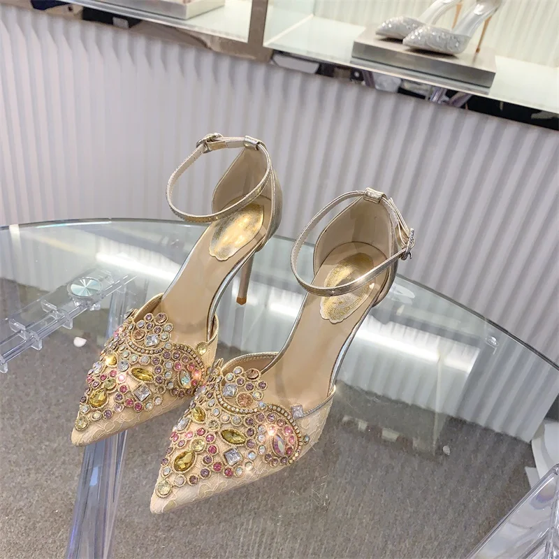 

Summer new style crystal lace pointed stiletto high heel bridal wedding shoes rhinestone party dress wild women's single shoes