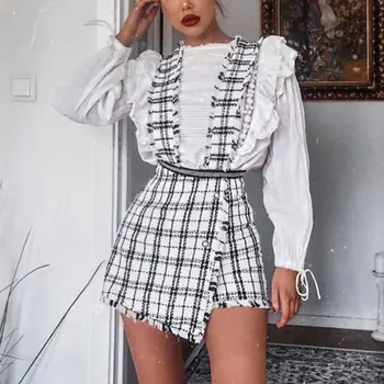 

Asymmetry Vintage High waist tweed skirts womens 2019 autumn winter Fringe strap button culottes female Sexy party skirt