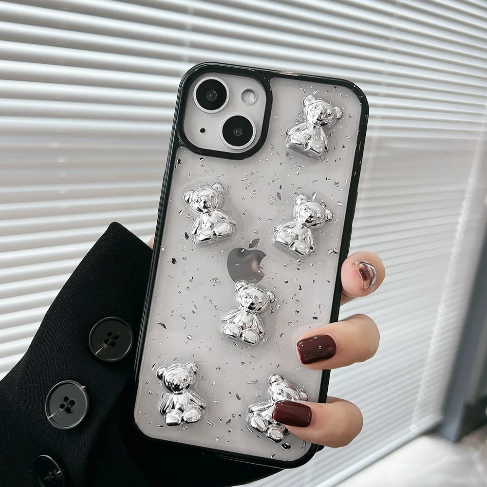 Retro kawaii silver foil bear transparent Phone Case For iPhone 13 11 12 Pro Max Xs Max XR 7 8 Plus X 7Plus case Cute Soft Cover