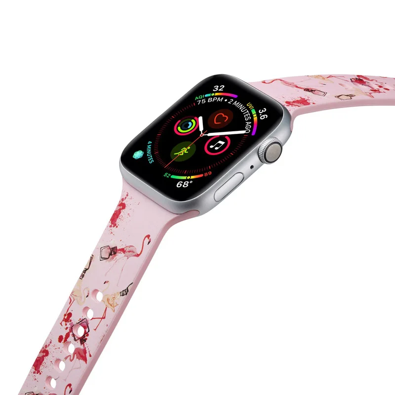 Спортивный мягкий силиконовый ремешок для Apple Watch 38 мм 42 мм 40 мм 44 мм браслет для iWatch серии 5 4 3 2 1 рисунок Фламинго ремешок - Цвет ремешка: 002