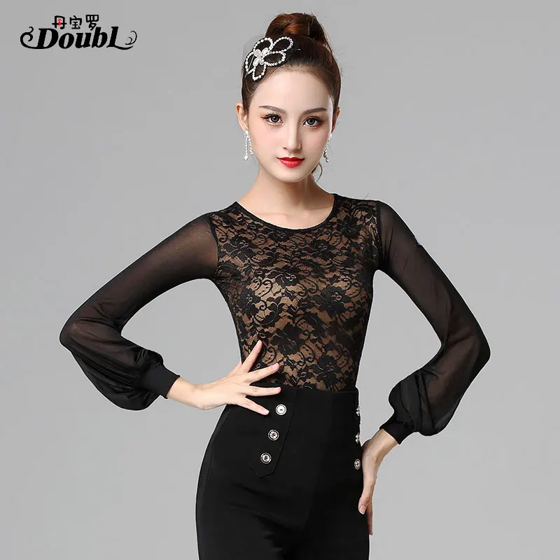 DOUBL Modern Dance Top Female Adult Latin Ballroom Dance Dress New Spring Social Dance Lantern Long Sleeve Dress Costume Workout