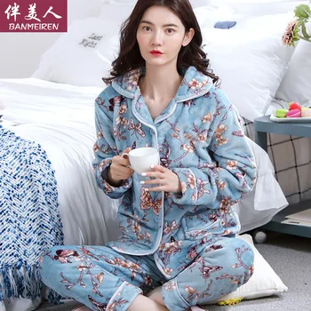 

One Product Dropshipping Pajamas Women's Long-Sleeved Flannel Leisure Tops Autumn Pajamas Women's Winter Warm Pajamas Set