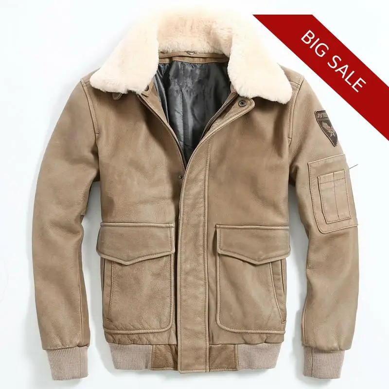 

2020 Men Brown Air Force Flight Leather Jacket Wool Collar Large Size XXXL Genuine Cowhide Russian Winter Pilot Leather Coat