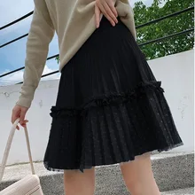 High-waisted Pleated Lace Mesh Puffy Princess Skirt, Short, Small And Large-length Knitted Skirt With Loose Hair