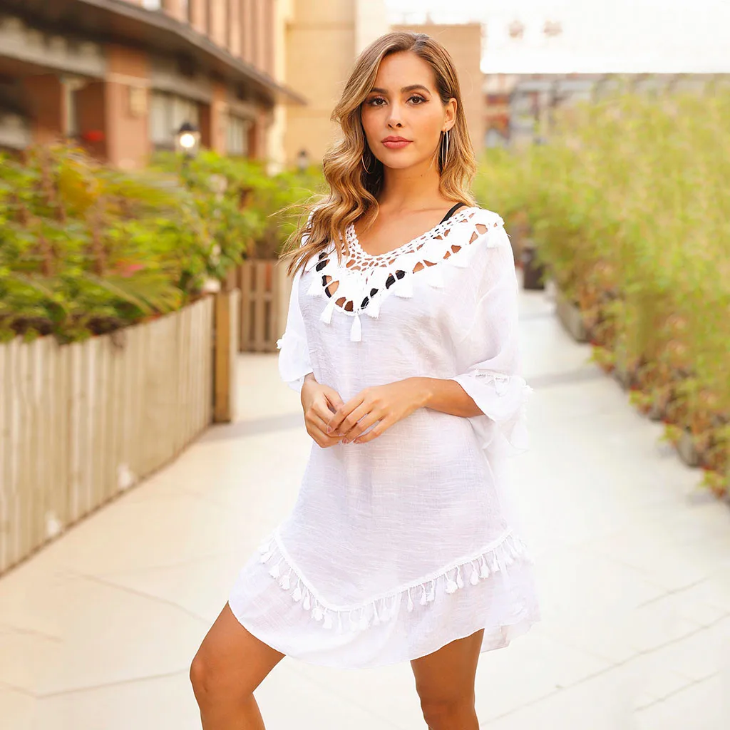 Летнее женское кружевное пляжное платье с кисточками, пляжная одежда, купальный костюм, Пляжная накидка, бикини, туника, парео