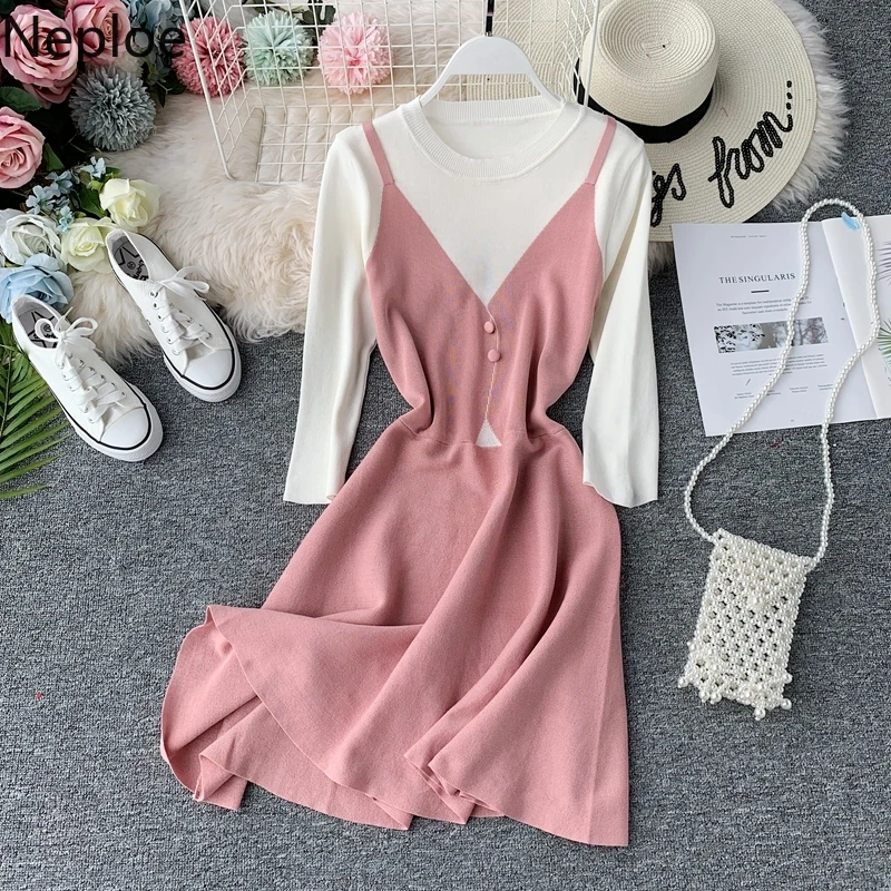 

Neploe 2019 Autumn News Contrast Colors Patchwork Dreeses Skinny Empire Holiday A Line Vestidos O Neck Knit Fairy Dress 45774