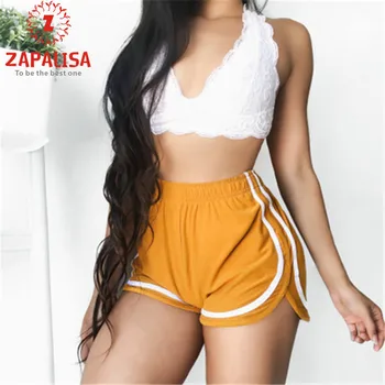 

Zapalisa Leisure Female Sport Jogger Elastic Waist Shorts White Round Stripe Spliced Decor High Waist Split Sexy Shorts