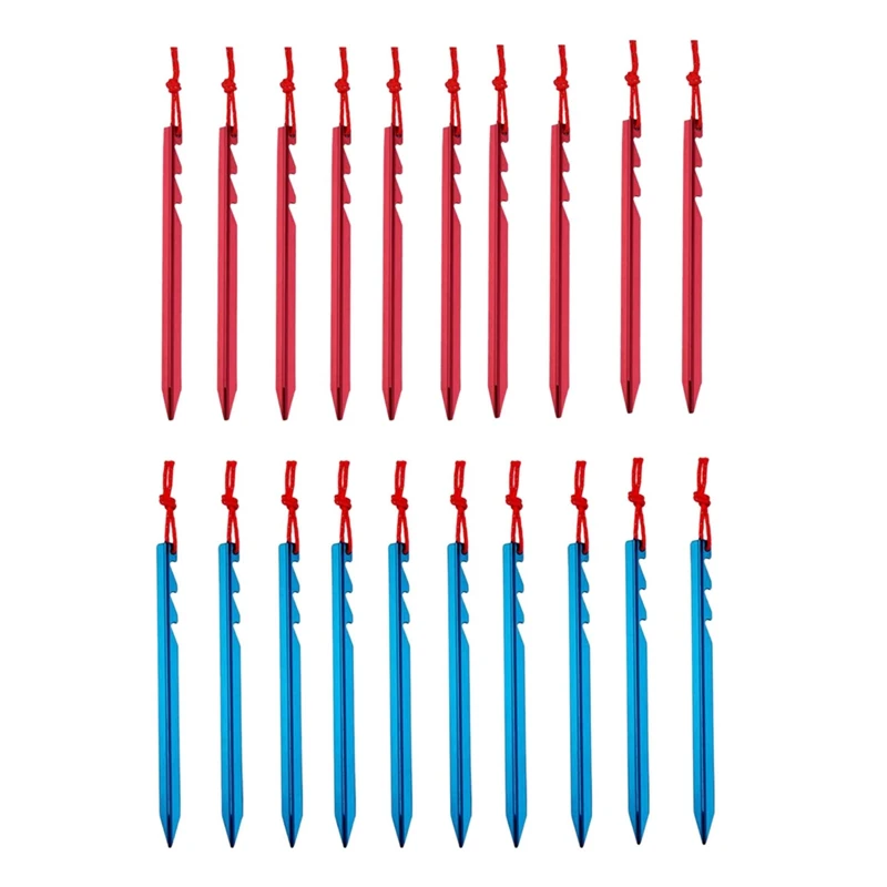 

20Pcs Aluminum Alloy Tent Pegs Nails with Rope Lightweight Outdoor Camping Hiking Tent Stakes Red & Blue