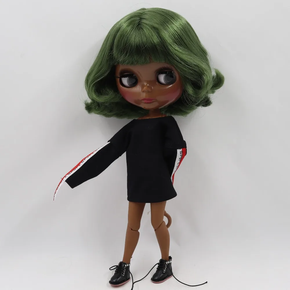 Neo Blythe Doll with Green Hair, Black Skin, Shiny Cute Face & Custom Jointed Body 1