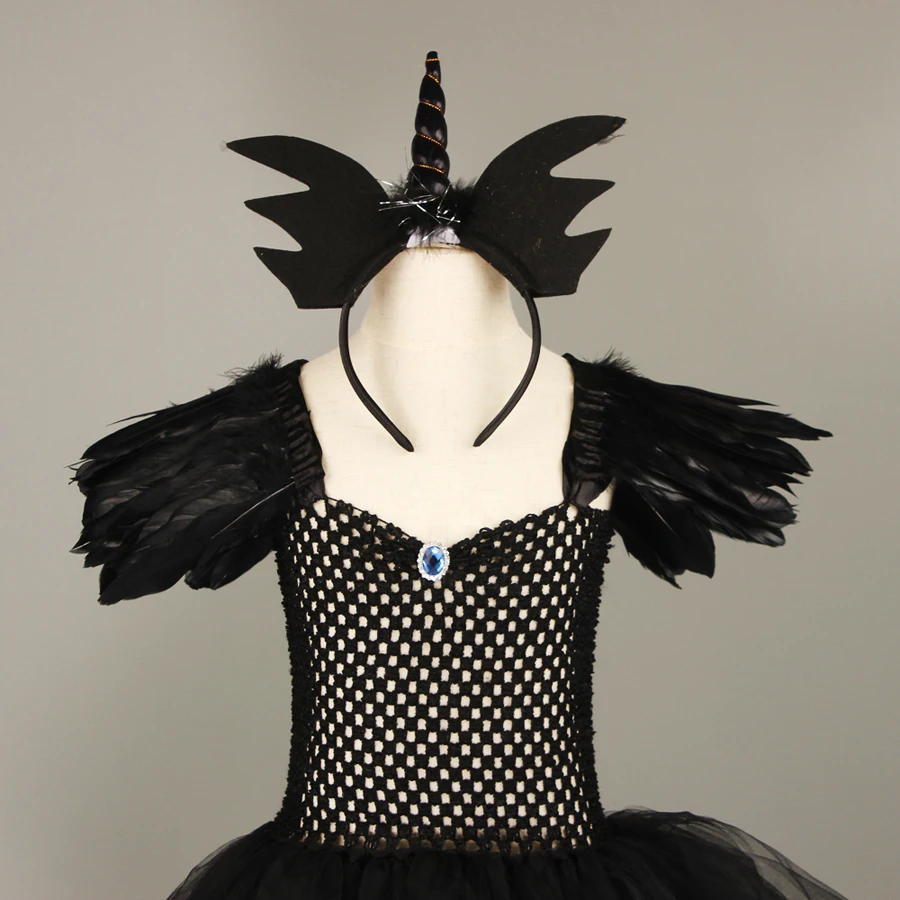 Fallen Angel Dark Gothic Black Halloween Tutu Dress Glitter Wings Girls Halloween Evening Party Ball Gown Evil Witch Costume (11)