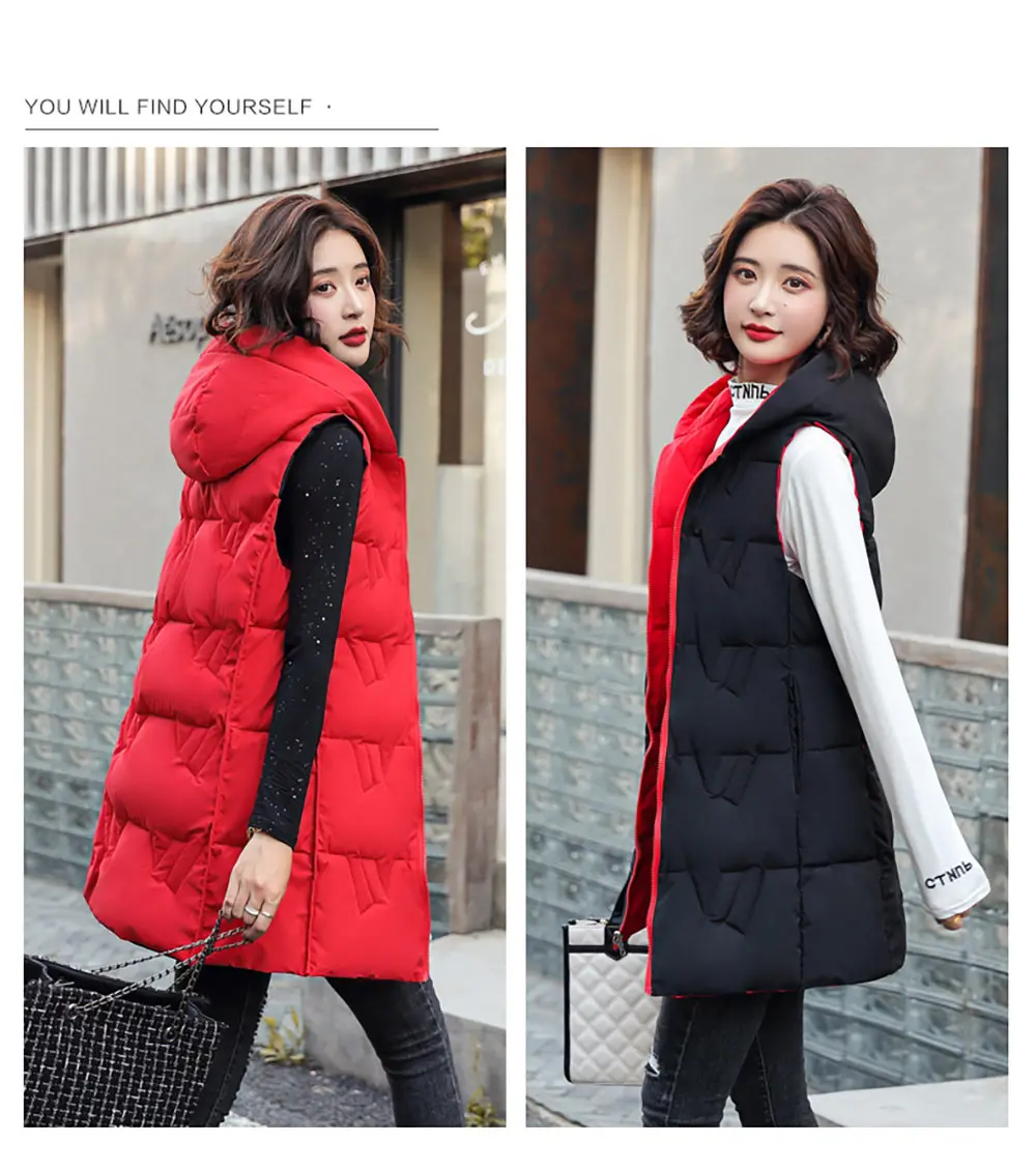 duvet coats Hooded Long Winter Vest Women Sleeveless Jacket Two Sides Wear Warm Autumn Winter Cotton Waistcoat Women Zipper Coat Outwear womens parka coat