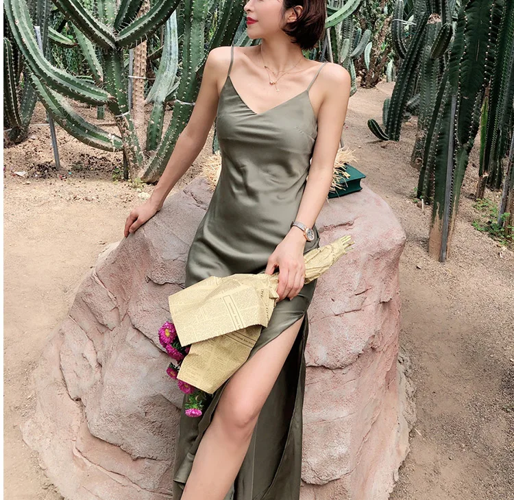 Newest Women Silk Satin Solid Olive Green High Waist Long Mermaid Dress With Spaghetti Strap And Side Vents | Женская одежда
