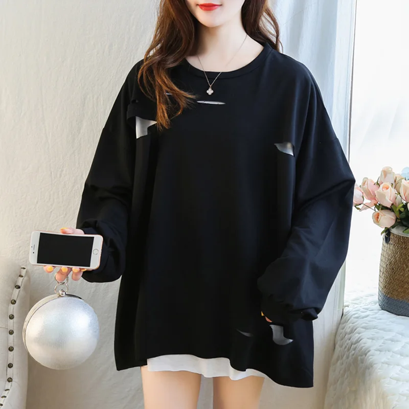 

casual oversized Pullover Korean Style thin Hoodies Women Fake two pieces Long Sleeve basic Solid Streetwear Harajuku black tops