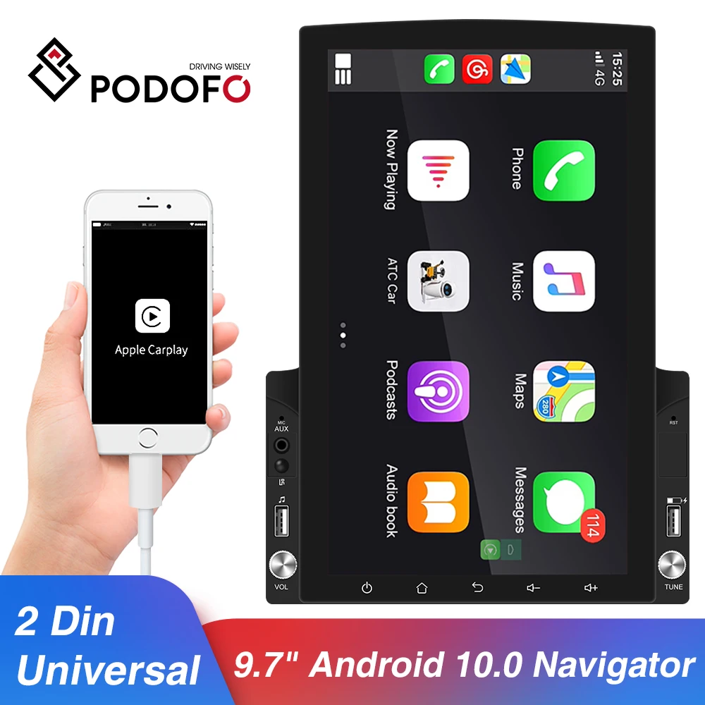 Podofo Andriod 10 0 автомобильный мультимедийный плеер 2 Din GPS 9 7 &quotвертикальный экран