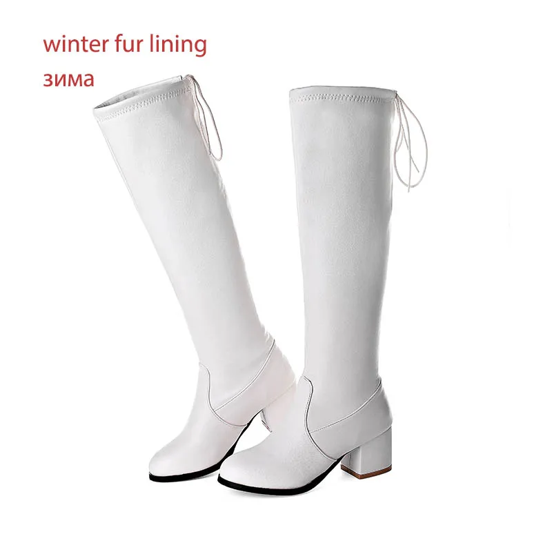 white fur JK/Сапоги до колена; женские сапоги на высоком каблуке; плотный чехол; женская обувь из искусственной кожи; женская обувь с круглым носком; обувь на шнуровке; зимняя обувь; большие размеры 45 - Цвет: white fur