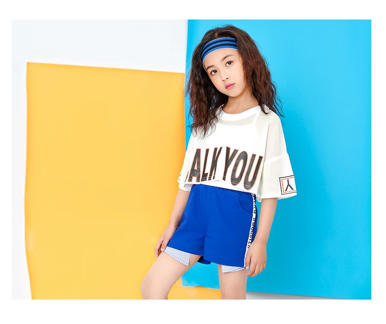 Children White Jazz Dance Costumes Girls Letter Crop Top Blue Shorts Dance Sets Hip Hop Modern Party Stage Outfits (30)