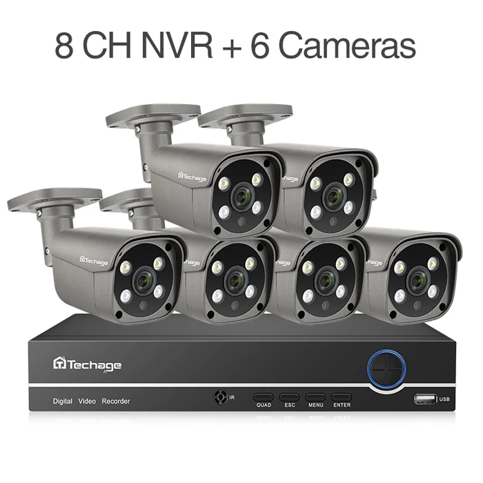 8CH NVR (6Cameras) Techage 8CH система видеонаблюдения 5MP Ai умная IP камера наружного видеонаблюдения двухсторонняя металлическая Водонепроницаемая домашняя система видеонаблюдения - Цвет: 8CH NVR (6Cameras)