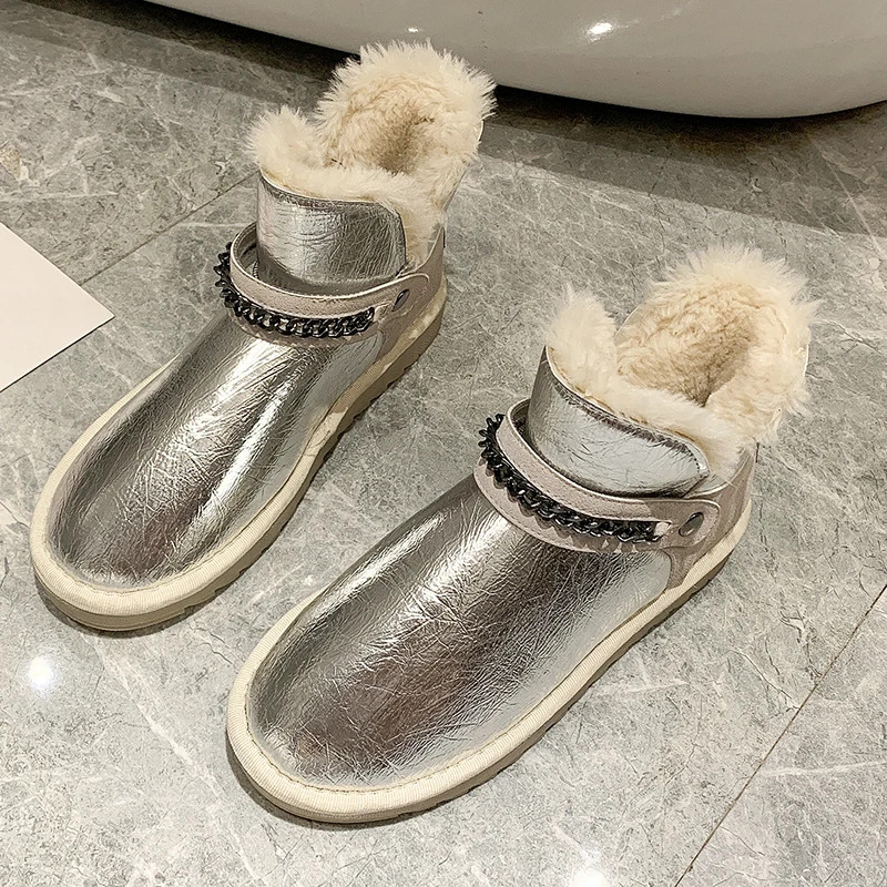 Rimocy fashion winter silver patent leather womens boots high platform thick long plush warm snow boots woemn cotton shoes