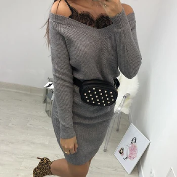 

5XL Women Double V-neck Lace Patchwork Knitted Dress 2019 Winter Autumn Long Sleeve Solid Sweater Dress Femme Slim Bodycon Dress