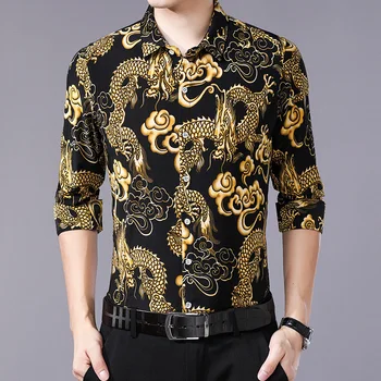 

New Men's Long Sleeve Casual Shirt Fashion Dragon Pattern Shirts Turn-down Collar Slim Fit Tops For Men 2 Color Clothes