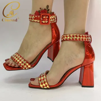

Red Italian Ladies Shoes for Parties Rhinestoen Women Wedding Shoes High Quality Nigerian Shoes Low Heels Wedding Lady Shoes