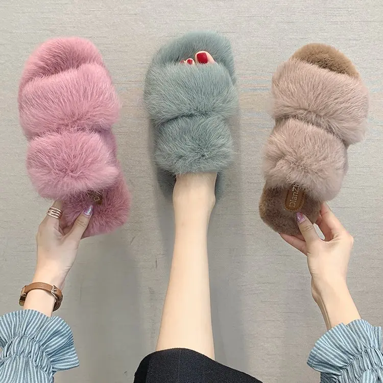 

Fur Women Slippers Shoes Rabbit Fur Slippers Real Hair Slides Female Furry Indoor Flip Flops Fluffy Plush Shoes House