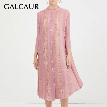 

GALCAUR Vintage Patchwork Tassel Dress Women O Neck Long Sleeve Large Size Ruched Asymmetric Midi Dresses Female 2020 Fashion