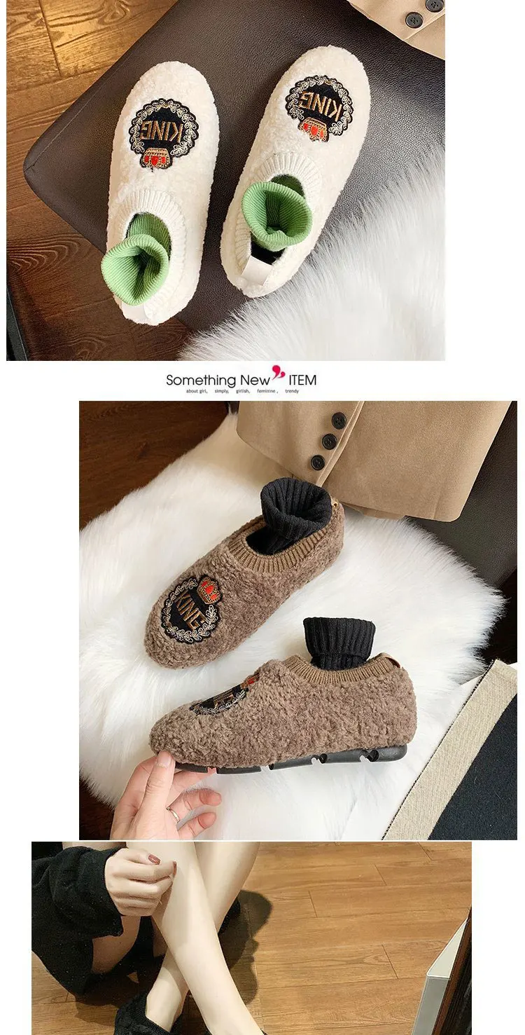 2020 Autumn and Winter Style All-match Iamb Wool Women's Shoes Flat Ankle Moccasin Fluffy Shoes Women Autumn Women's Shoes