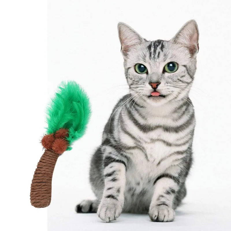 

Unique Pet Playing Toy Coconut Tree-shaped Grinding Claw Toy For Cats Rope Chew Toys Woven Trunk And Feather Leaves