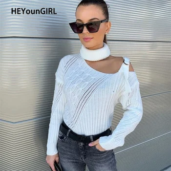 

2020 Sexy Irregular Halter Casual Knitted Sweater Long Sleeve Turtleneck Ladies Sweaters Elegant Autumn Knitwear Pullover 2020
