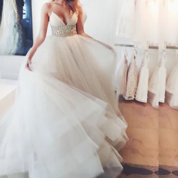 

Wedding Dress A-Line Sexy Spaghetti Straps Sweep Train with Beading Empire For Wedding Party