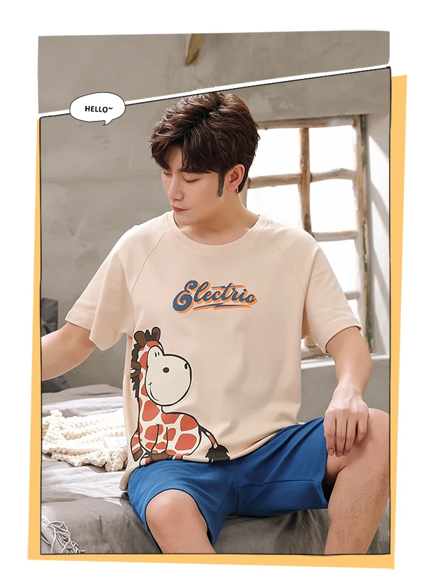 organic pyjamas Summer Men Pajamas Funny Kawaii Giraffe Cartoon Sleepwear Loose Homewear Plus Size Cotton Short Sleeve Outdoor Nightgowns Male mens pajama shorts set