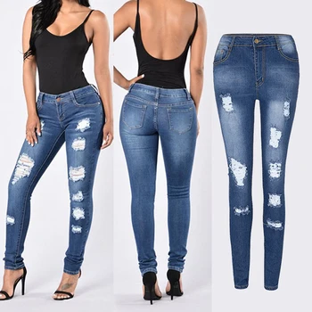 

Women Ripped Jeans High Waist Hole Pencil Jeans Female Casual Denim Slim Skinny Small Ankle Length Fashion Ripped Denim Trousers