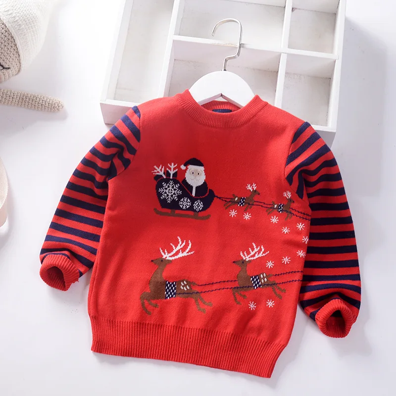 Рождественский детский свитер, вязаный пуловер с оленем для мальчиков, зимние теплые детские свитера - Цвет: Красный