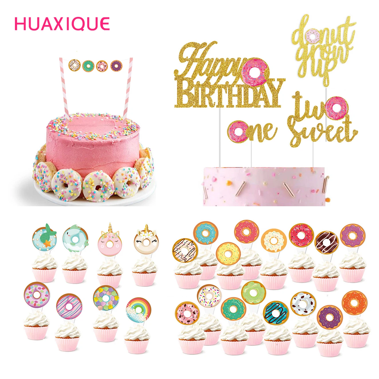 

One TWO Year Old Happy Birthday Glitter Gold Donut Grow UP Cake Topper Sweet Doughnuts Cake Toppers Baby Shower Party Supplies