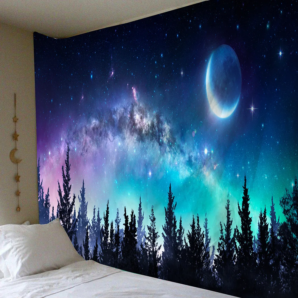 

Galaxy Moon Tapestry Wall Hanging Forest Tree Landscape Hippie Psychedelic Tapiz Starry Sky Dorm Home Decor Mandala Wall Carpet