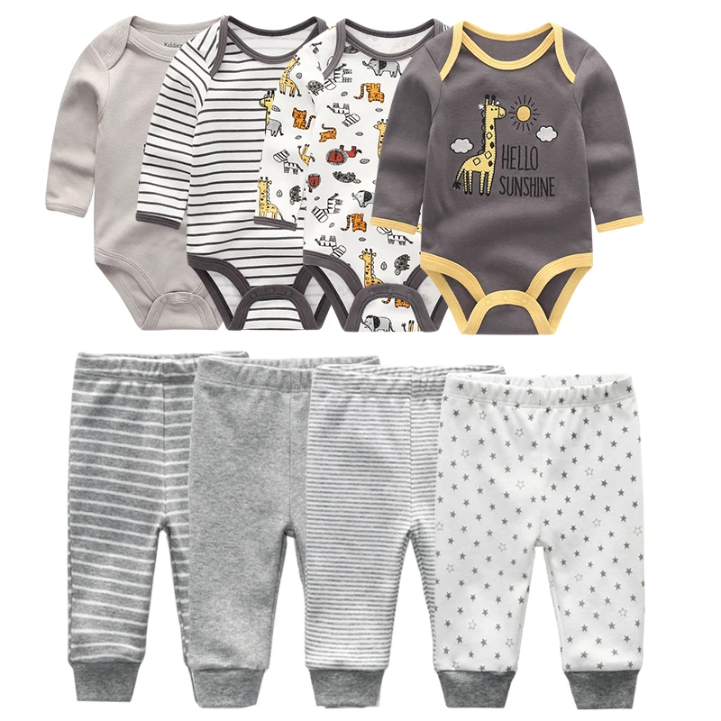 4pcs Baby Bodysuits + 4pcs Baby Pants Newborn Clothes Sets Winter Cotton Suits girls boys Custome Roupa de bebe Clothing baby outfits