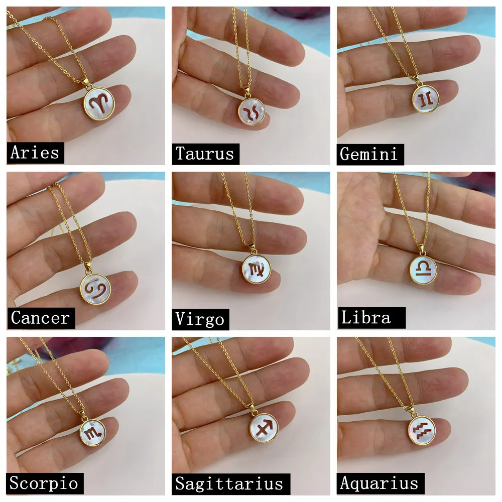 12 Constellation Zodiac Choker Necklace Round For Women Mother of Pearl Shell Pendant Neck Chain Girl Birthday Gift Jewelry