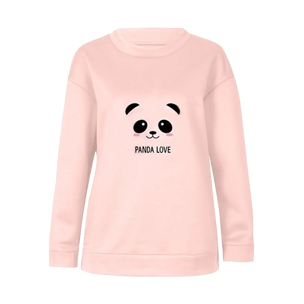 JAYCOSIN Trend Women Panda Printed Sweatshirt Casual Simple Long Sleeve Comfortable Soft Solid Color Cute Blouse Pullover Tops