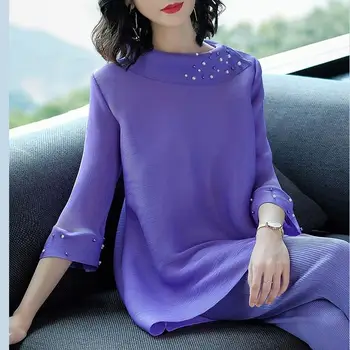 

Autumn Women Fashion Elegant Beading 2 Two Pieces Sets Female Large Size Tops And Pant Set Suits