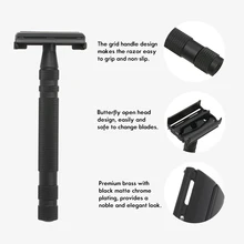 Безопасная бритва с двойными краями, с длинной ручкой, с бабочкой, открытая, Парикмахерская бритва, матовая, черная, латунная Бритва для удаления волос, бритва для бритья