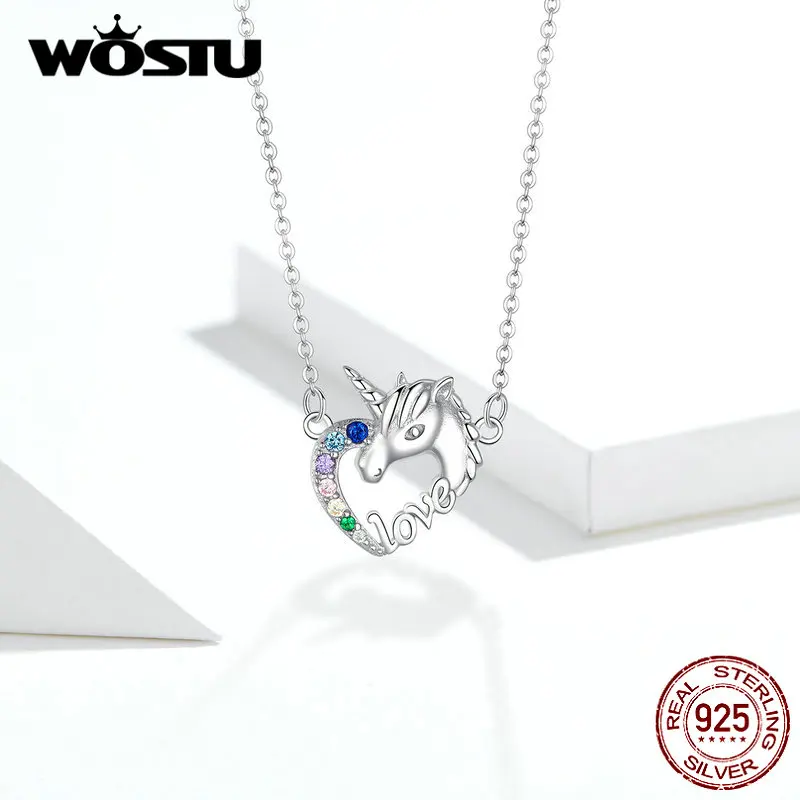 WOSTU, настоящее 925 пробы, серебряный единорог любви, ожерелья, циркон, подвеска, длинная цепочка, звено для женщин, свадебная мода, ювелирное изделие, FIN348