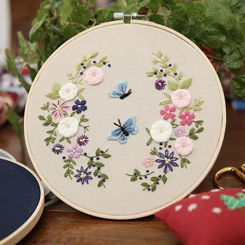 

DIY Embroidery Starter Kit Pre Printed Needlework Flower Pattern Color Threads with Embroidery Hoop